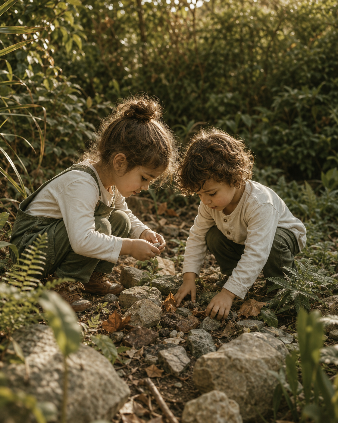 Duas crianças pequenas a explorar pedras e plantas num jardim natural
